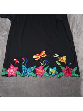 Victoria Woman Black Top 1X Floral Butterfly Embroidered Short Sleeve Top Tee